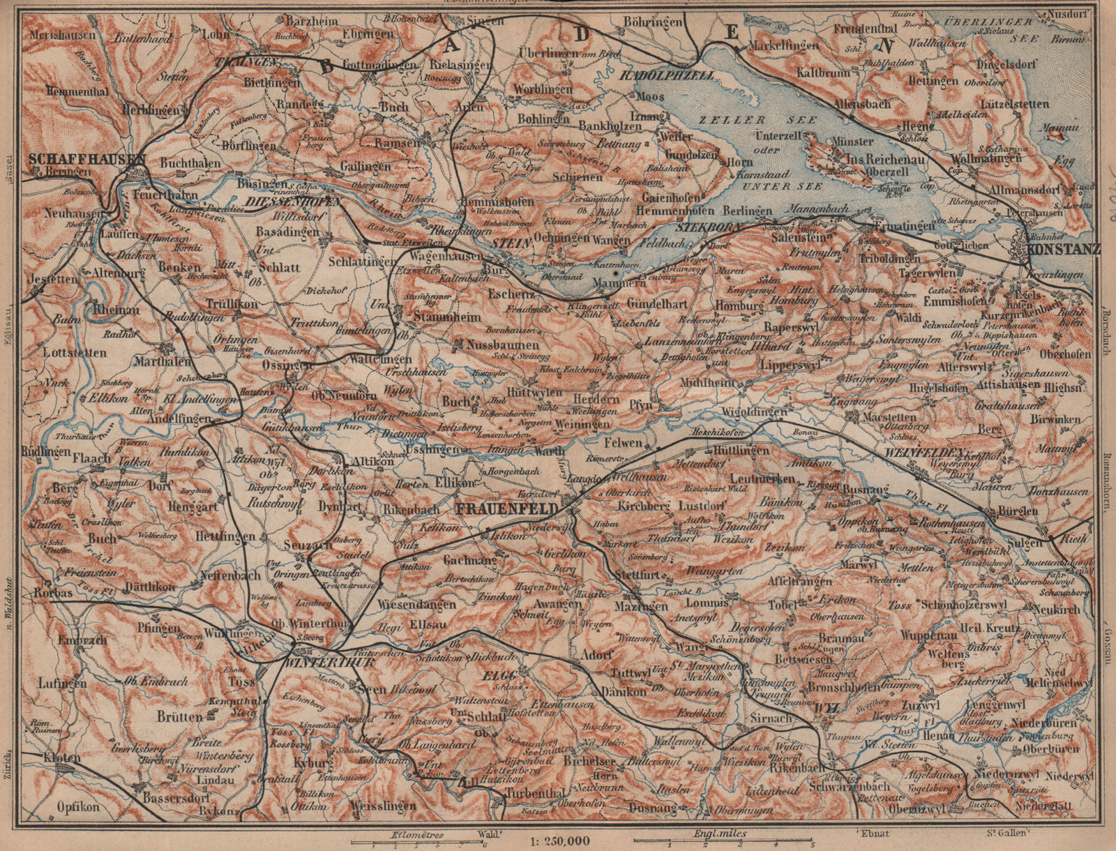 SCHAFFHAUSEN to CONSTANCE. Konstanz Frauenfeld Zeller See Unter See 1899 map